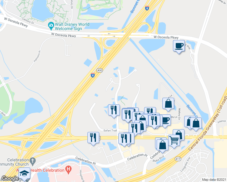 map of restaurants, bars, coffee shops, grocery stores, and more near 3008 Parkway Boulevard in Kissimmee