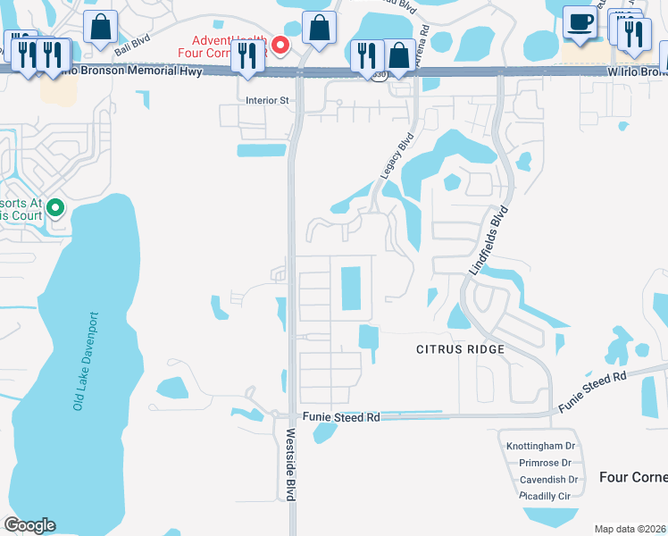 map of restaurants, bars, coffee shops, grocery stores, and more near 3059 Beach Palm Avenue in Kissimmee