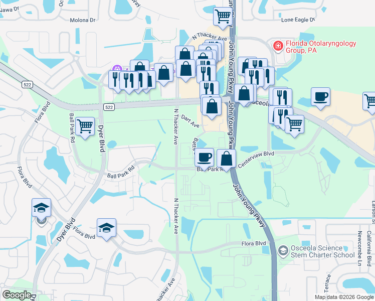 map of restaurants, bars, coffee shops, grocery stores, and more near 3050 La Spezia Circle in Kissimmee