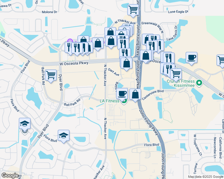 map of restaurants, bars, coffee shops, grocery stores, and more near 3050 La Spezia Circle in Kissimmee