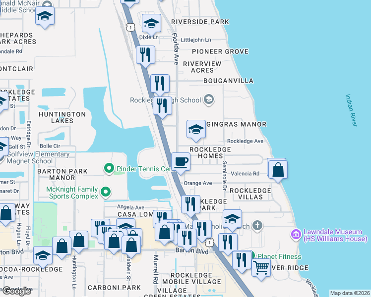 map of restaurants, bars, coffee shops, grocery stores, and more near 1286 Florida Avenue South in Rockledge
