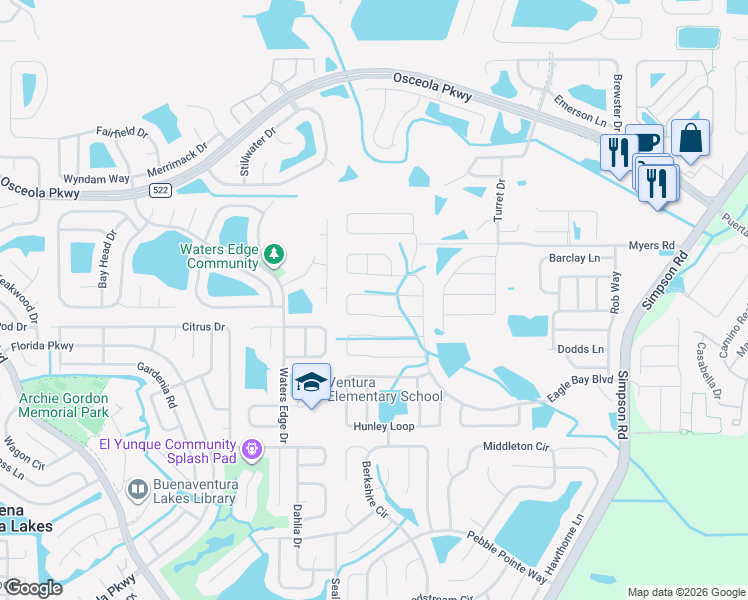 map of restaurants, bars, coffee shops, grocery stores, and more near 2576 Isabela Terrace in Kissimmee
