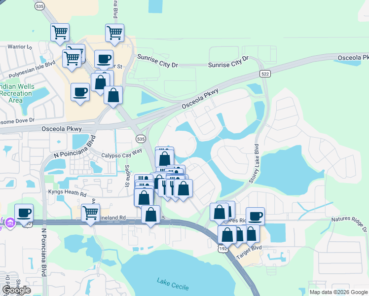 map of restaurants, bars, coffee shops, grocery stores, and more near 4851 Romeo Circle in Kissimmee