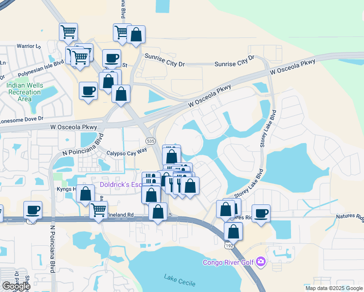 map of restaurants, bars, coffee shops, grocery stores, and more near 4928 Windermere Avenue in Kissimmee