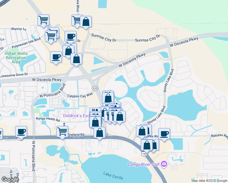 map of restaurants, bars, coffee shops, grocery stores, and more near 4928 Windermere Avenue in Kissimmee