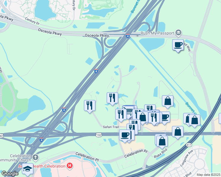 map of restaurants, bars, coffee shops, grocery stores, and more near 3008 Parkway Boulevard in Kissimmee