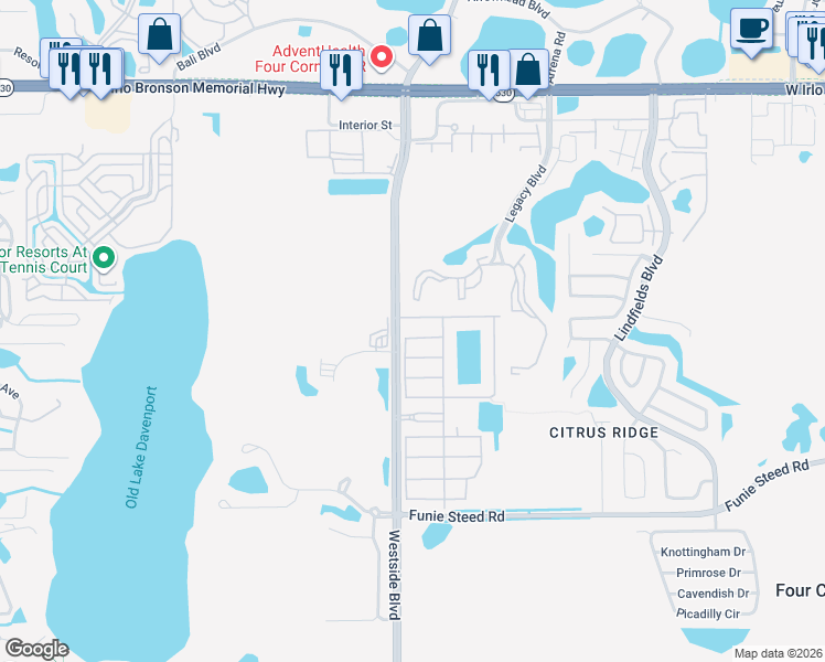 map of restaurants, bars, coffee shops, grocery stores, and more near 8979 Cat Palm Road in Kissimmee