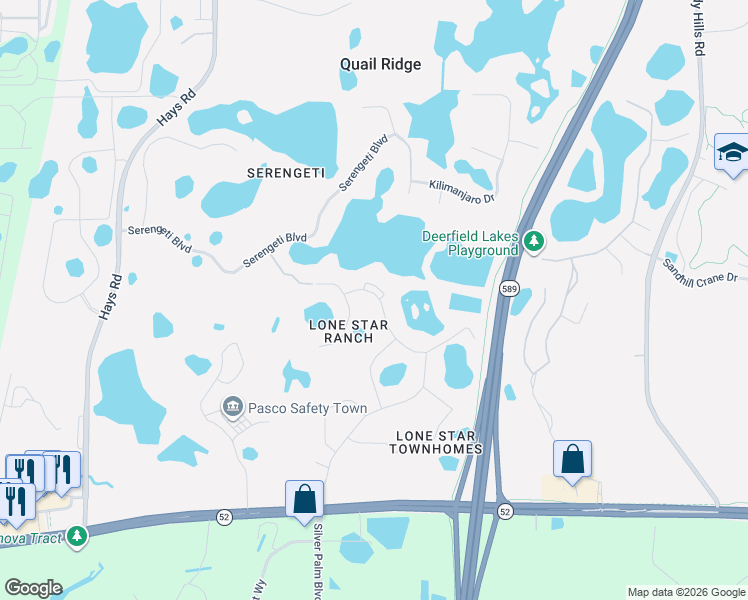 map of restaurants, bars, coffee shops, grocery stores, and more near 15640 Greyrock Drive in Spring Hill