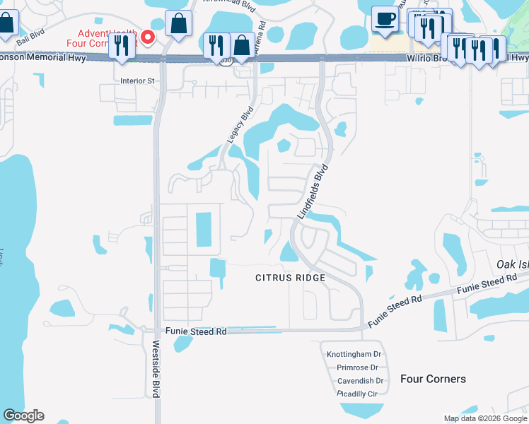 map of restaurants, bars, coffee shops, grocery stores, and more near 3014 Bloomsbury Drive in Kissimmee