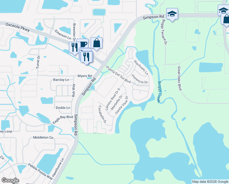 map of restaurants, bars, coffee shops, grocery stores, and more near 3018 Camino Real Drive South in Kissimmee