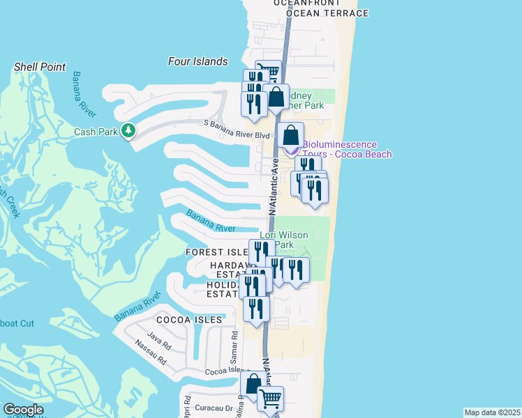 map of restaurants, bars, coffee shops, grocery stores, and more near 120 Bahama Boulevard in Cocoa Beach