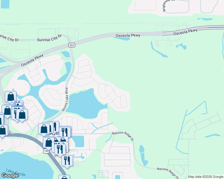 map of restaurants, bars, coffee shops, grocery stores, and more near 4512 Sequel Road in Kissimmee