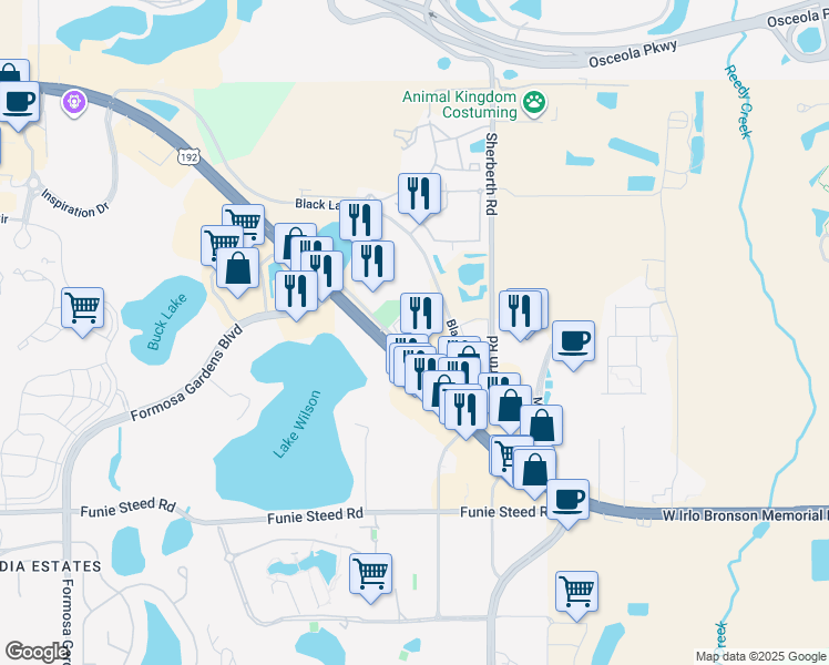 map of restaurants, bars, coffee shops, grocery stores, and more near 7689-7725 West Irlo Bronson Memorial Highway in Kissimmee