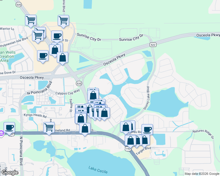 map of restaurants, bars, coffee shops, grocery stores, and more near 4851 Romeo Circle in Kissimmee