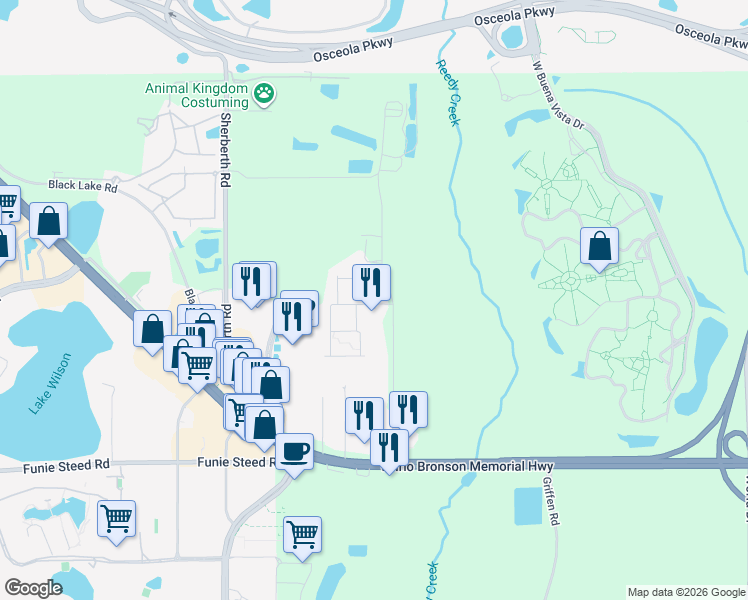 map of restaurants, bars, coffee shops, grocery stores, and more near 7430 Brooklyn Drive in Kissimmee