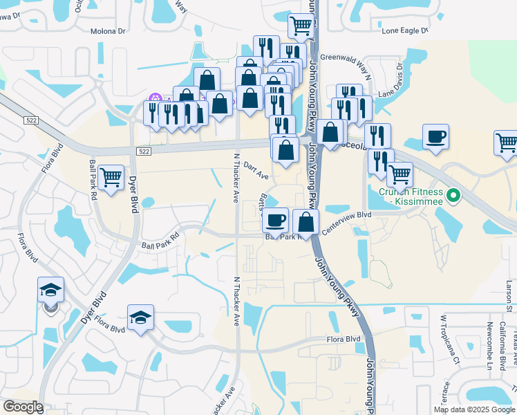 map of restaurants, bars, coffee shops, grocery stores, and more near Batts Street in Kissimmee