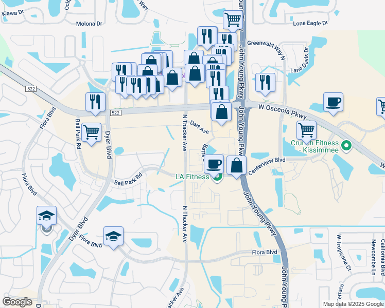 map of restaurants, bars, coffee shops, grocery stores, and more near 3050 La Spezia Circle in Kissimmee