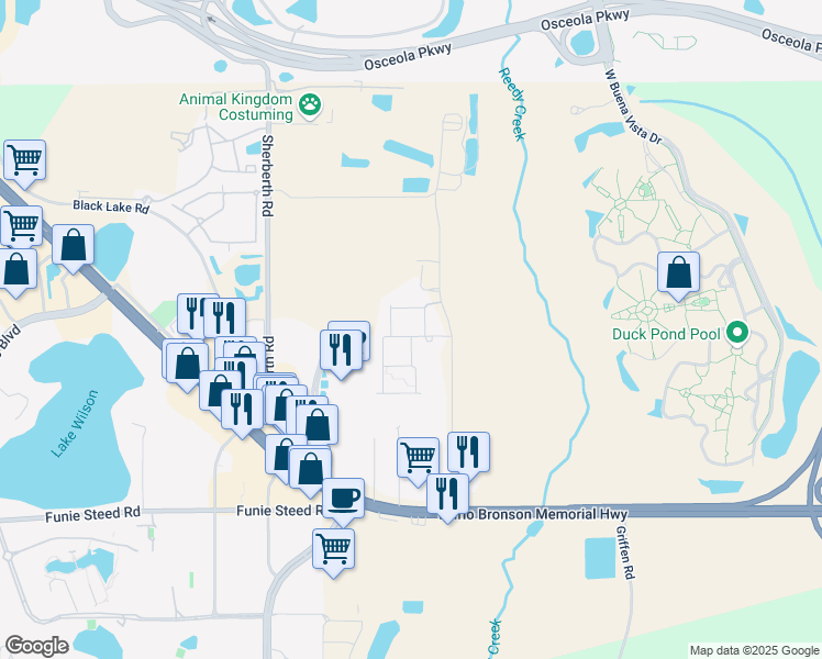 map of restaurants, bars, coffee shops, grocery stores, and more near Rockefeller Way in Kissimmee