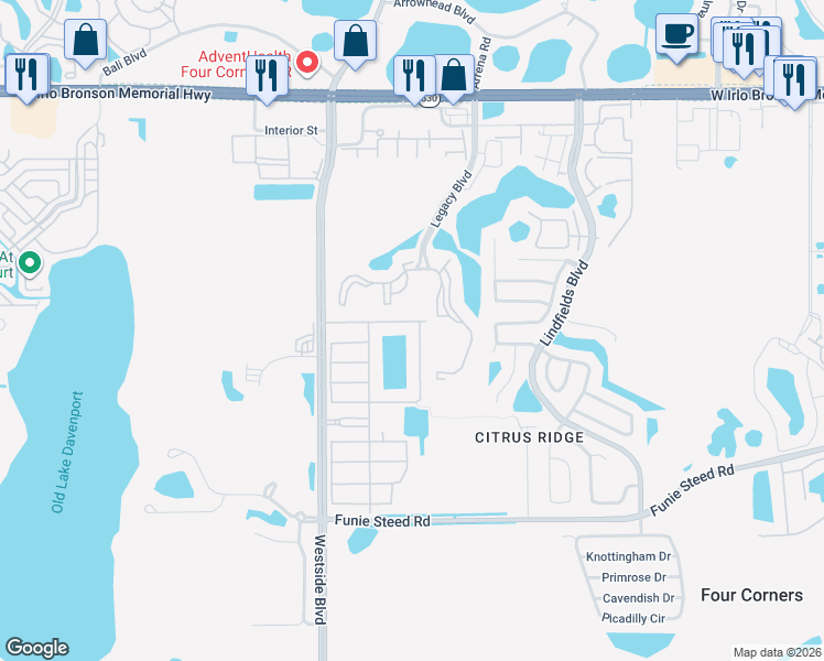 map of restaurants, bars, coffee shops, grocery stores, and more near 8921 Cuban Palm Road in Kissimmee