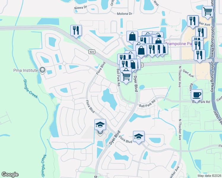 map of restaurants, bars, coffee shops, grocery stores, and more near 3341 Whitestone Circle in Kissimmee