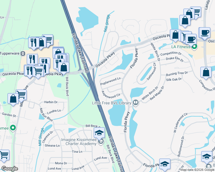map of restaurants, bars, coffee shops, grocery stores, and more near 828 Aspenwood Circle in Kissimmee