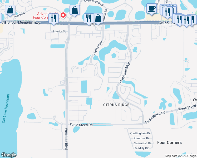 map of restaurants, bars, coffee shops, grocery stores, and more near 8817 Dunes Court in Kissimmee