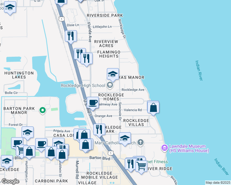 map of restaurants, bars, coffee shops, grocery stores, and more near 220 Raider Road in Rockledge