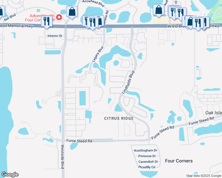 map of restaurants, bars, coffee shops, grocery stores, and more near 3029 Bloomsbury Drive in Kissimmee