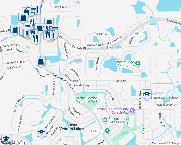 map of restaurants, bars, coffee shops, grocery stores, and more near 110 Blue Indigo Court in Kissimmee