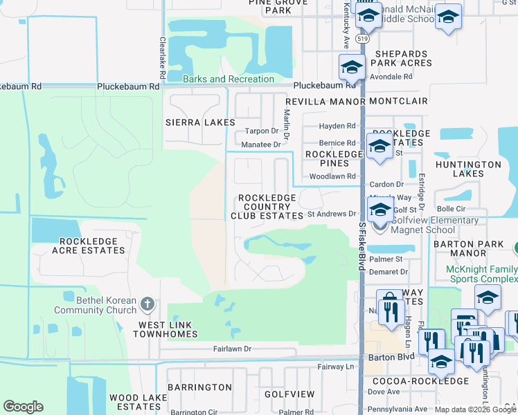 map of restaurants, bars, coffee shops, grocery stores, and more near 1304 Troon Way in Rockledge