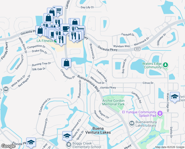 map of restaurants, bars, coffee shops, grocery stores, and more near 124 Lindenwood Court in Kissimmee