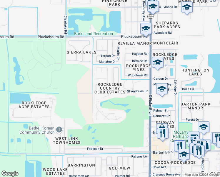 map of restaurants, bars, coffee shops, grocery stores, and more near 1278 Troon Way in Rockledge