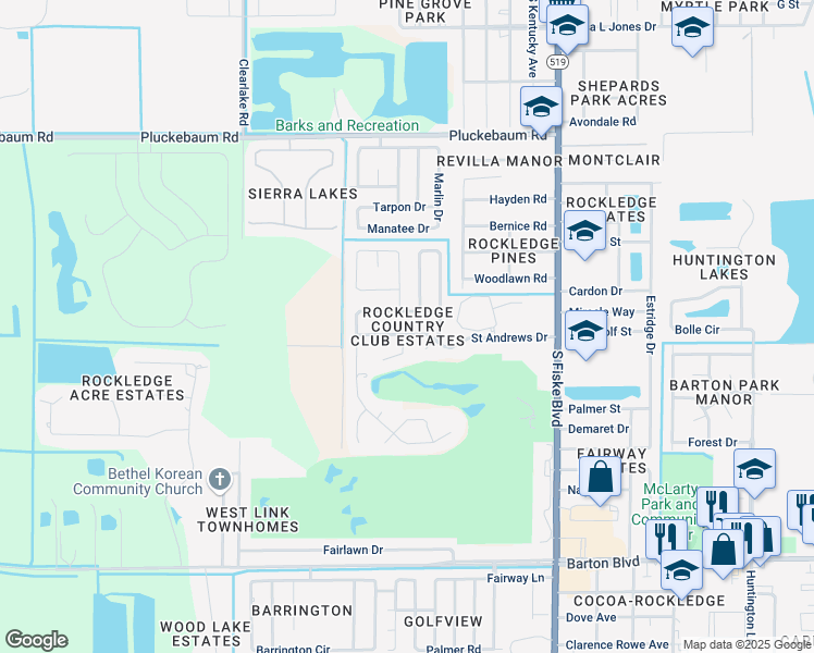 map of restaurants, bars, coffee shops, grocery stores, and more near 1278 Troon Way in Rockledge