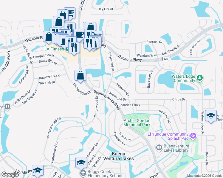 map of restaurants, bars, coffee shops, grocery stores, and more near 124 Lindenwood Court in Kissimmee