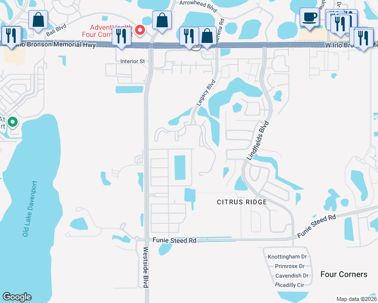 map of restaurants, bars, coffee shops, grocery stores, and more near 8921 Cuban Palm Road in Kissimmee