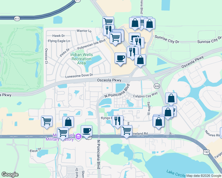 map of restaurants, bars, coffee shops, grocery stores, and more near 3161 Tocoa Circle in Kissimmee