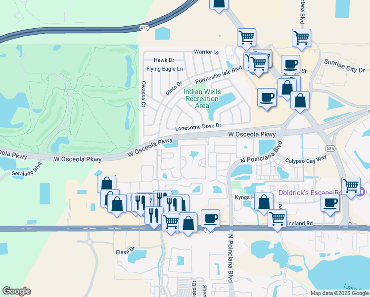 map of restaurants, bars, coffee shops, grocery stores, and more near 5267 Images Circle in Kissimmee