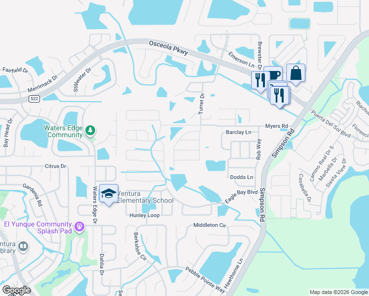 map of restaurants, bars, coffee shops, grocery stores, and more near 2600 Jetty Drive in Kissimmee