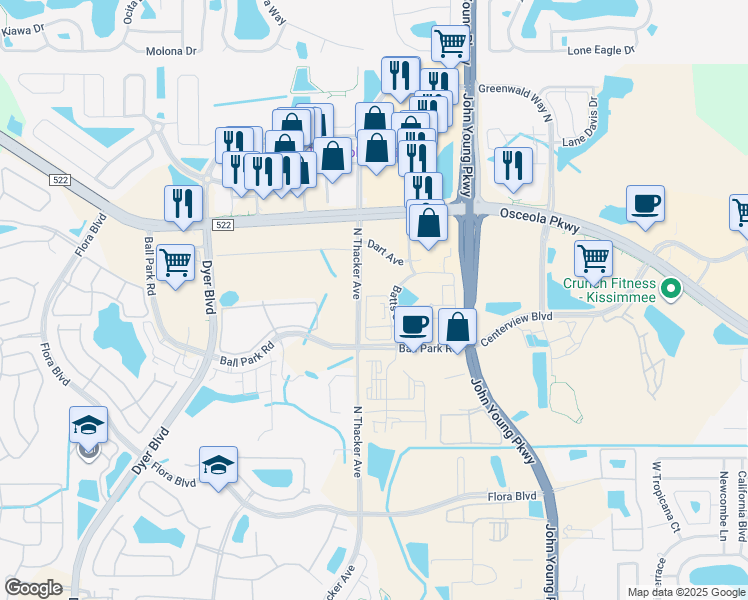 map of restaurants, bars, coffee shops, grocery stores, and more near Batts St in Kissimmee
