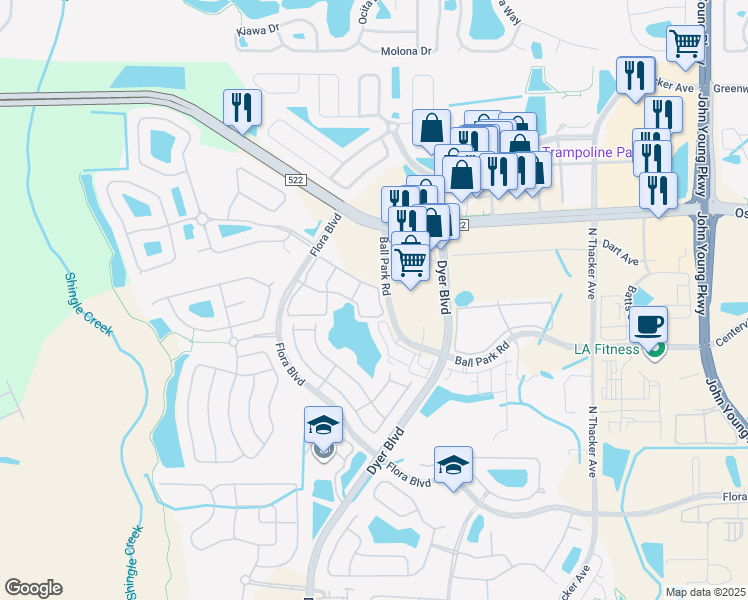 map of restaurants, bars, coffee shops, grocery stores, and more near 3331 Whitestone Circle in Kissimmee