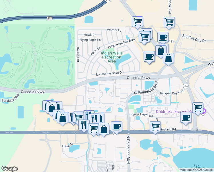map of restaurants, bars, coffee shops, grocery stores, and more near 5267 Images Circle in Kissimmee