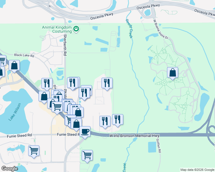 map of restaurants, bars, coffee shops, grocery stores, and more near Rockefeller Way in Kissimmee