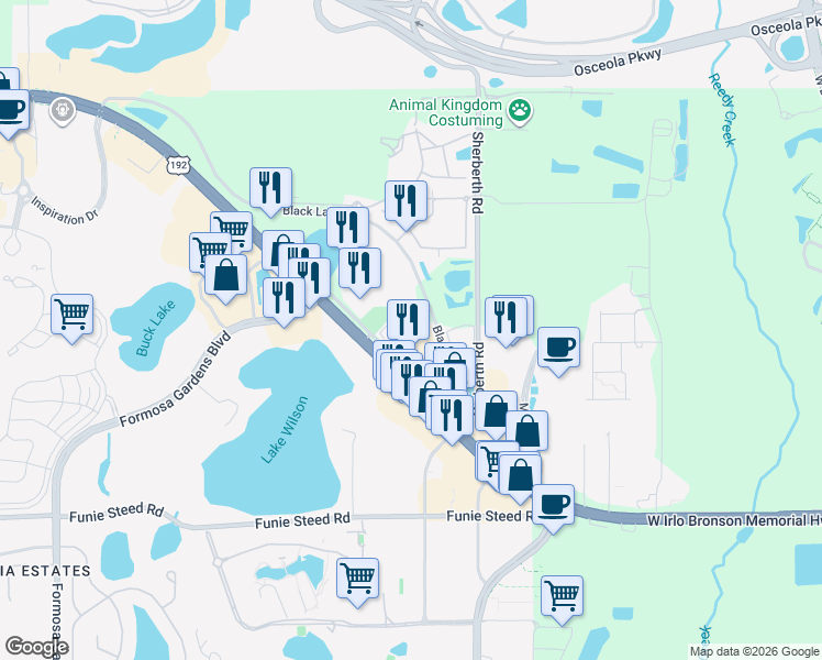 map of restaurants, bars, coffee shops, grocery stores, and more near 7761 W Irlo Bronson Memorial Hwy in Kissimmee