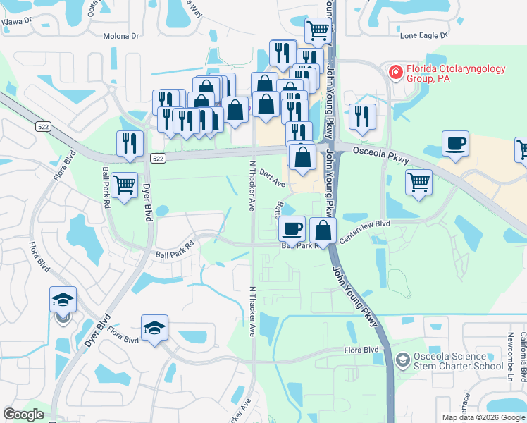 map of restaurants, bars, coffee shops, grocery stores, and more near Batts St in Kissimmee