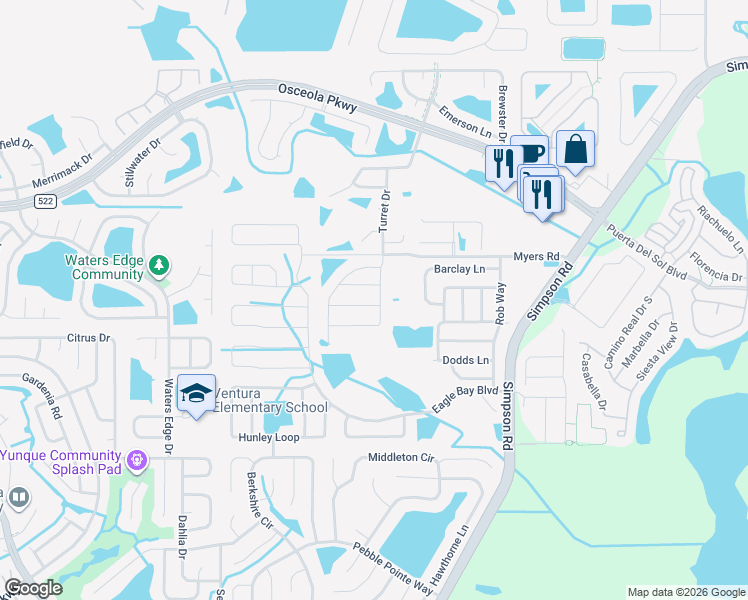 map of restaurants, bars, coffee shops, grocery stores, and more near 2614 Jetty Drive in Kissimmee