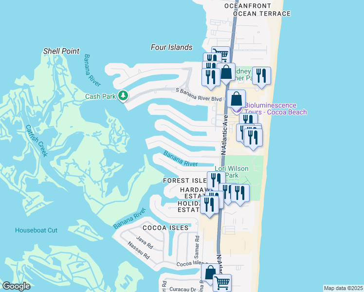 map of restaurants, bars, coffee shops, grocery stores, and more near 201 Bahama Boulevard in Cocoa Beach