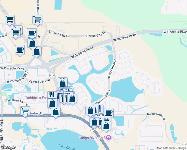 map of restaurants, bars, coffee shops, grocery stores, and more near 4739 Kings Castle Circle in Kissimmee