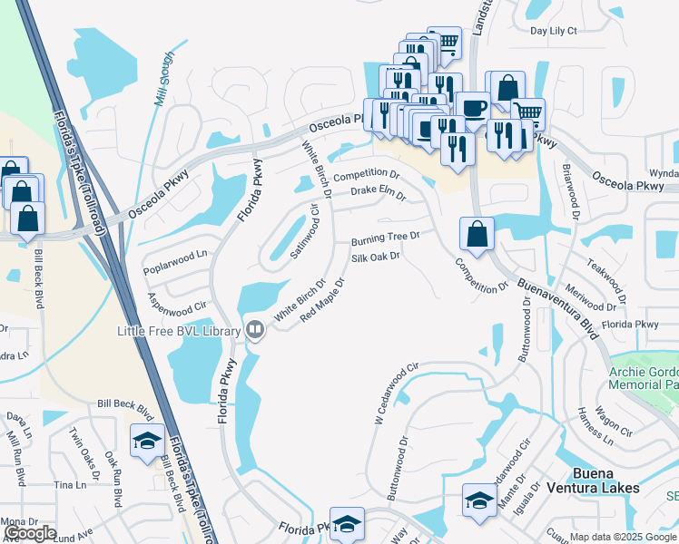 map of restaurants, bars, coffee shops, grocery stores, and more near 239 Red Maple Drive in Kissimmee
