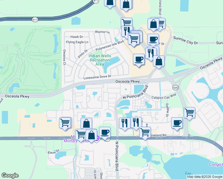 map of restaurants, bars, coffee shops, grocery stores, and more near 5133 Killarney Way in Kissimmee
