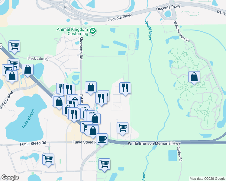 map of restaurants, bars, coffee shops, grocery stores, and more near Brooklyn Drive in Kissimmee
